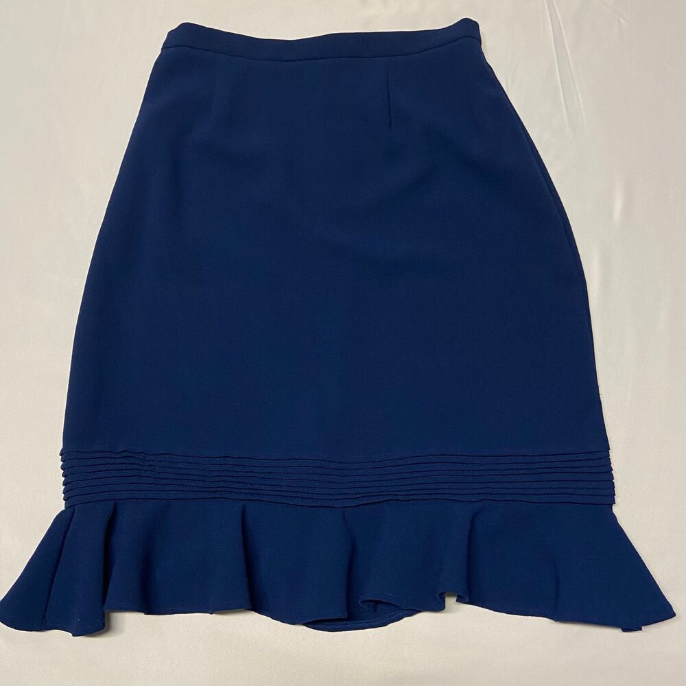 Siouni & Zar Skirt Navy Blue Ruffle Hem Flounced Ribbed Unlined Unique 8 P